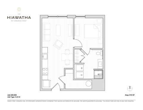 Floor plan for 1 bed, 1 bath, 615 sqft